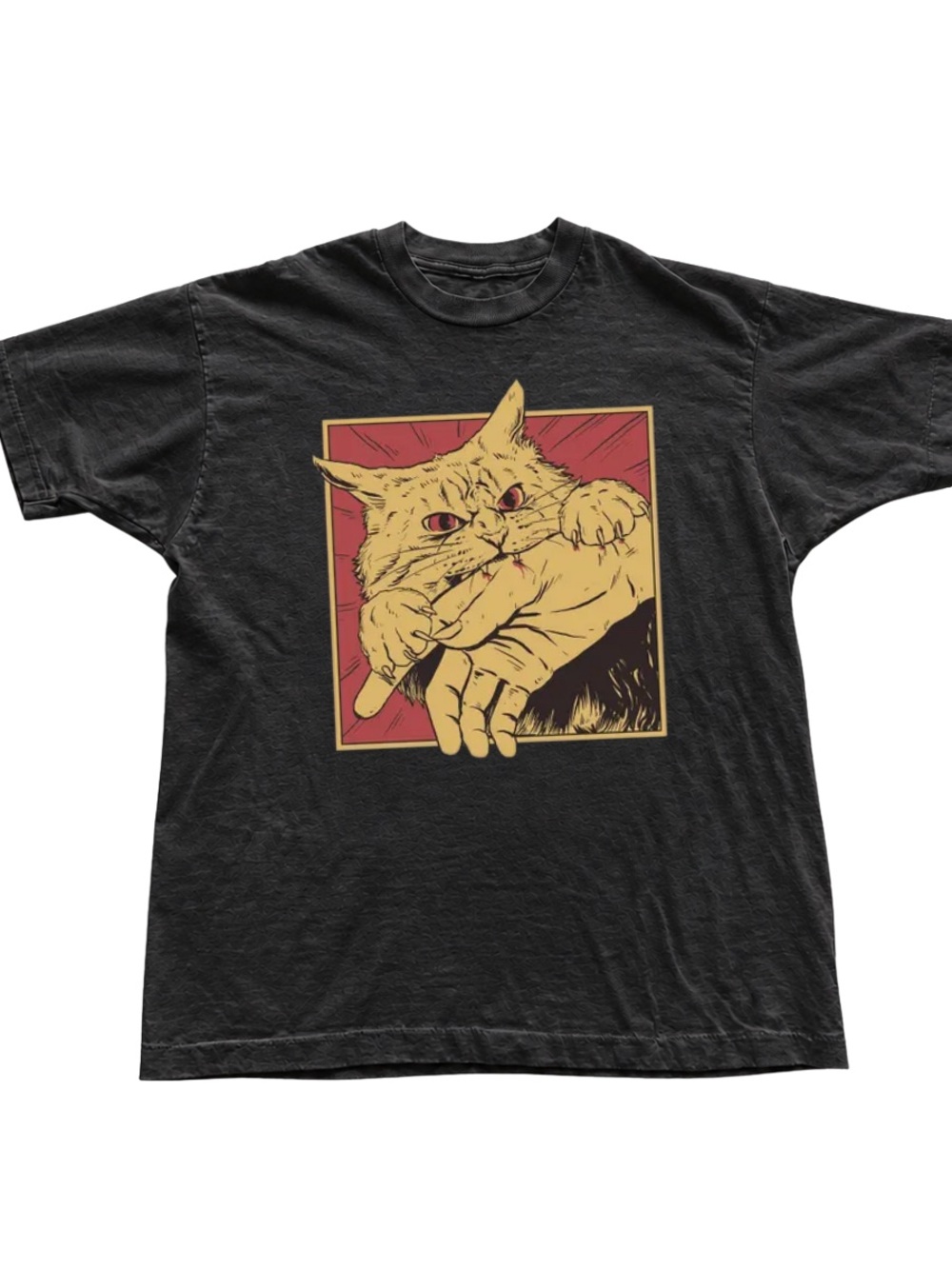 Black Tee with Red and Cream Cat Graphic